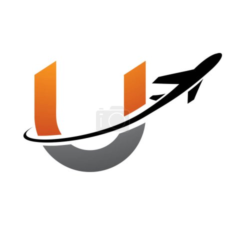 Téléchargez les photos : Orange et noir lettre minuscule U icône avec un avion sur un fond blanc - en image libre de droit