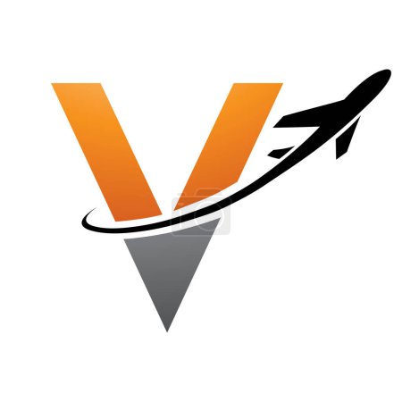 Foto de Icono de letra V mayúscula naranja y negra con un avión sobre fondo blanco - Imagen libre de derechos