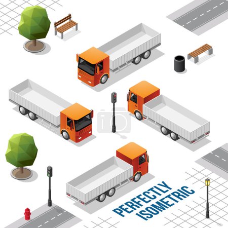 Téléchargez les photos : Camion isométrique orange de l'avant arrière droit et gauche Vues isolées sur blanc - en image libre de droit