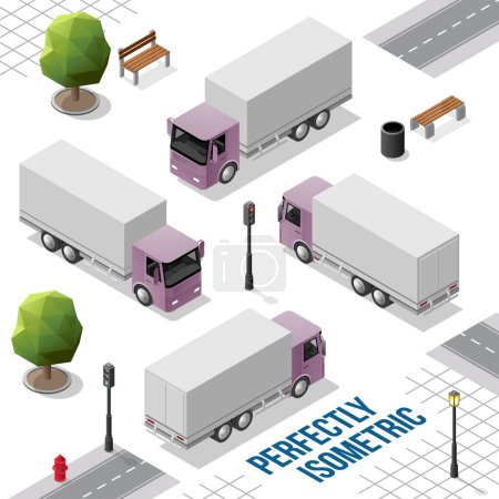 Téléchargez les photos : Gros camion isométrique violet de l'avant arrière droit et gauche Vues isolées sur blanc - en image libre de droit