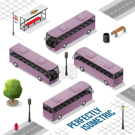 Téléchargez les photos : Bus isométrique violet de l'avant arrière droit et gauche isolé sur blanc - en image libre de droit