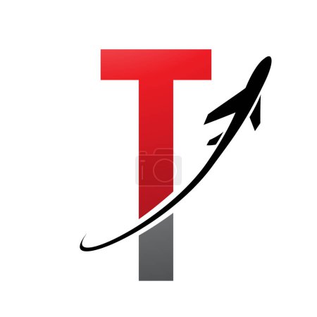 Foto de Icono de la letra T futurista roja y negra con un avión sobre un fondo blanco - Imagen libre de derechos