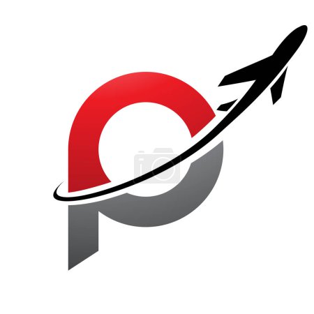 Photo for Red and Black Lowercase Letter P Icon with an Airplane on a White Background - Royalty Free Image