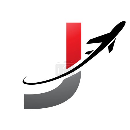 Foto de Letra mayúscula roja y negra J Icono con un avión sobre fondo blanco - Imagen libre de derechos