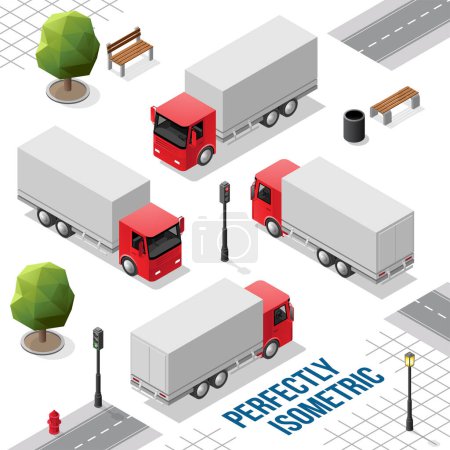 Téléchargez les photos : Grand camion isométrique rouge de l'avant arrière droit et gauche Vues isolées sur blanc - en image libre de droit