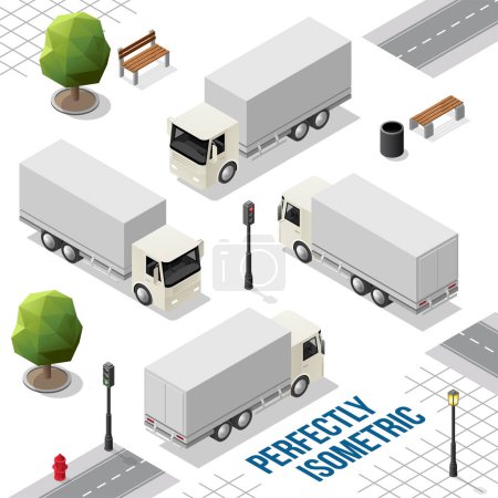 Téléchargez les photos : Grand camion isométrique blanc de l'avant arrière droit et gauche Vues isolées sur blanc - en image libre de droit
