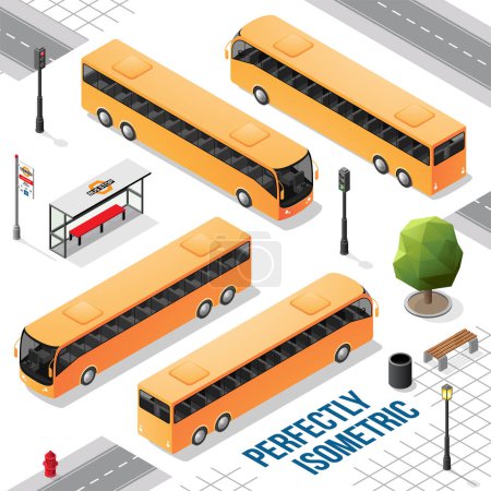 Téléchargez les photos : Bus Isométrique Long Jaune à partir du Front Arrière Droite et Gauche isolé sur Blanc - en image libre de droit