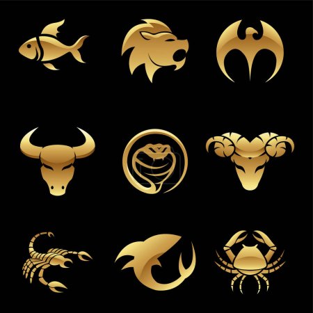 Illustration for Golden Glossy Animal Icons on a Black Background - Royalty Free Image