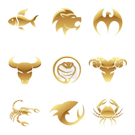 Illustration for Golden Glossy Animal Icons on a White Background - Royalty Free Image
