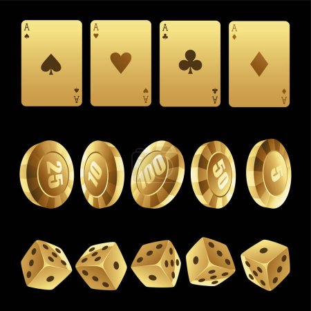 Ilustración de Golden Playing Cards Ruleta Chips y Dices sobre un fondo negro - Imagen libre de derechos