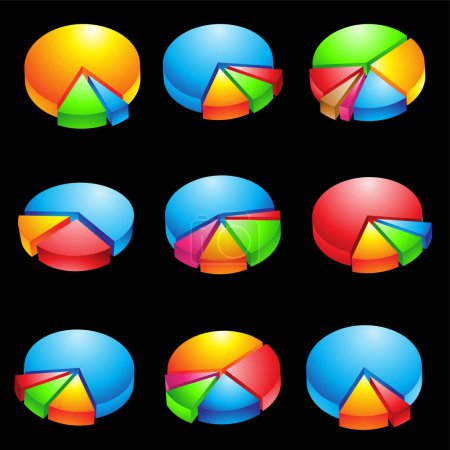 Illustration for Colorful 3d Glossy Pie Charts isolated on a Black Background - Royalty Free Image