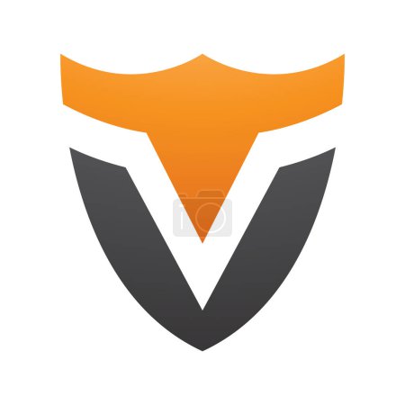 Illustration for Orange and Black Shield Shaped Letter V Icon on a White Background - Royalty Free Image