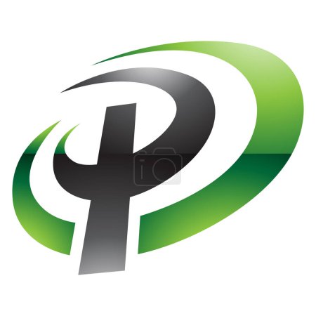 Téléchargez les illustrations : Icône P en forme d'ovale brillant vert et noir sur fond blanc - en licence libre de droit