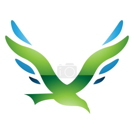 Téléchargez les illustrations : Icône V en forme d'oiseau brillant vert et bleu sur fond blanc - en licence libre de droit