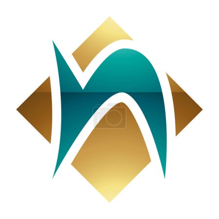 Ilustración de Persa verde y oro brillante letra N icono con una forma de diamante cuadrado sobre un fondo blanco - Imagen libre de derechos
