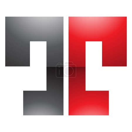 Téléchargez les illustrations : Rouge et noir brillant gras divisé en forme de lettre T icône sur un fond blanc - en licence libre de droit