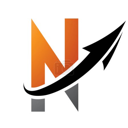 Illustration for Orange and Black Futuristic Letter N Icon with an Arrow on a White Background - Royalty Free Image