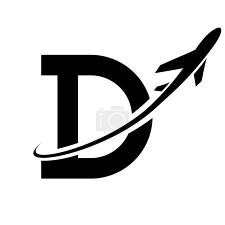 Illustration for Black Antique Letter D Icon with an Airplane on a White Background - Royalty Free Image