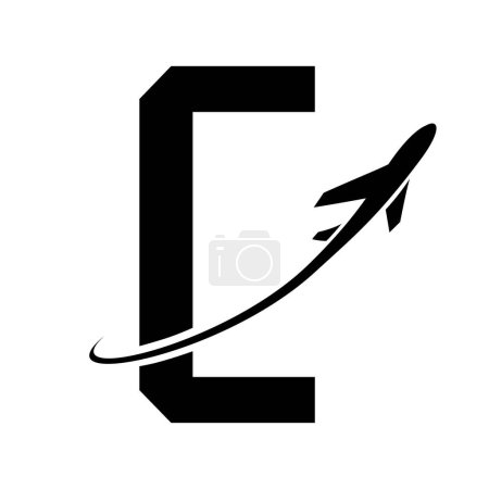 Illustration for Black Futuristic Letter C Icon with an Airplane on a White Background - Royalty Free Image