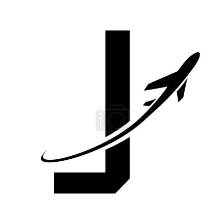 Téléchargez les illustrations : Lettre futuriste noire J Icône avec un avion sur fond blanc - en licence libre de droit