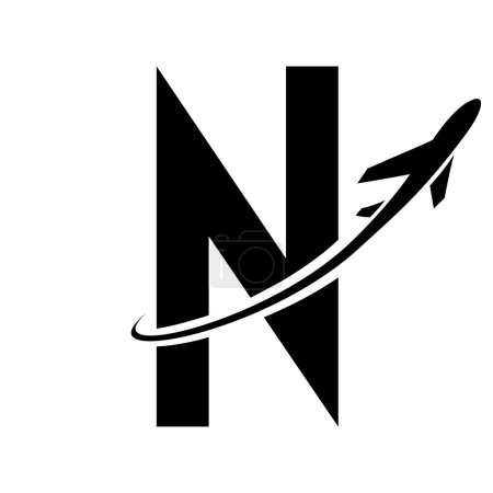 Illustration for Black Futuristic Letter N Icon with an Airplane on a White Background - Royalty Free Image