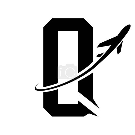 Illustration for Black Futuristic Letter Q Icon with an Airplane on a White Background - Royalty Free Image