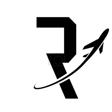 Illustration for Black Futuristic Letter R Icon with an Airplane on a White Background - Royalty Free Image