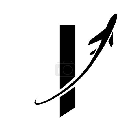 Illustration for Black Lowercase Letter L Icon with an Airplane on a White Background - Royalty Free Image