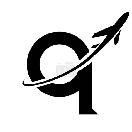Illustration for Black Lowercase Letter Q Icon with an Airplane on a White Background - Royalty Free Image