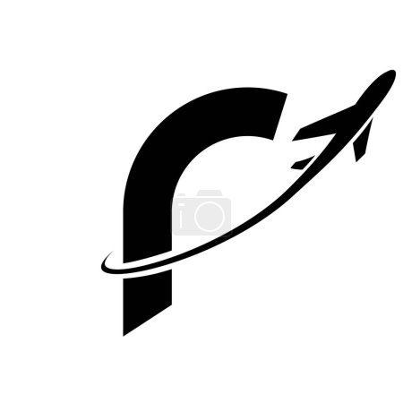 Illustration for Black Lowercase Letter R Icon with an Airplane on a White Background - Royalty Free Image