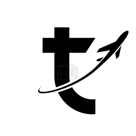 Illustration for Black Lowercase Letter T Icon with an Airplane on a White Background - Royalty Free Image