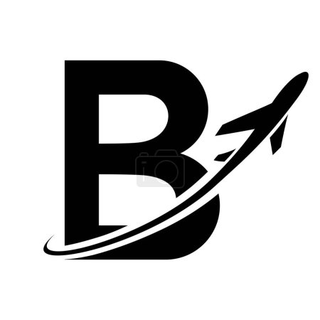Illustration for Black Uppercase Letter B Icon with an Airplane on a White Background - Royalty Free Image