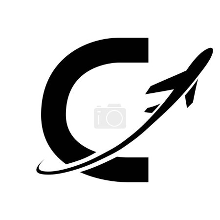 Ilustración de Letra C en mayúscula negra Icono con un avión sobre fondo blanco - Imagen libre de derechos