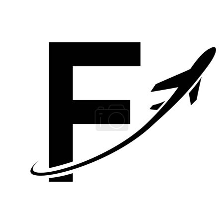 Ilustración de Letra en mayúscula negra F Icono con un avión sobre fondo blanco - Imagen libre de derechos