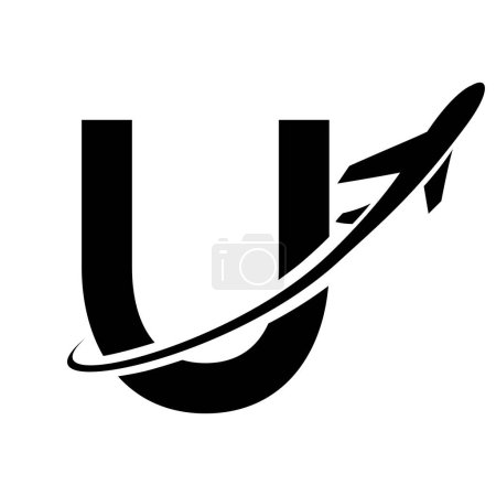 Illustration for Black Uppercase Letter U Icon with an Airplane on a White Background - Royalty Free Image