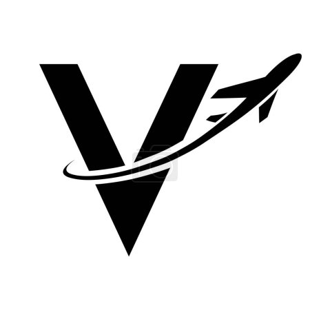 Ilustración de Letra V en mayúscula negra Icono con un avión sobre fondo blanco - Imagen libre de derechos
