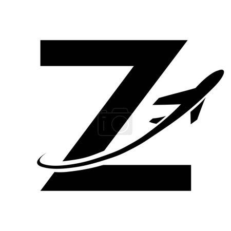 Illustration for Black Uppercase Letter Z Icon with an Airplane on a White Background - Royalty Free Image
