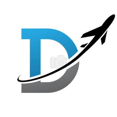 Illustration for Blue and Black Antique Letter D Icon with an Airplane on a White Background - Royalty Free Image