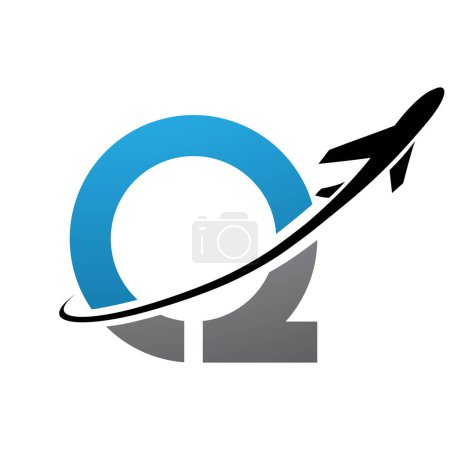 Illustration for Blue and Black Antique Letter Q Icon with an Airplane on a White Background - Royalty Free Image