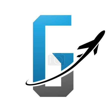 Illustration for Blue and Black Futuristic Letter G Icon with an Airplane on a White Background - Royalty Free Image