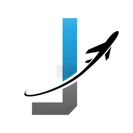 Illustration for Blue and Black Futuristic Letter J Icon with an Airplane on a White Background - Royalty Free Image