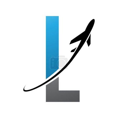 Illustration for Blue and Black Futuristic Letter L Icon with an Airplane on a White Background - Royalty Free Image