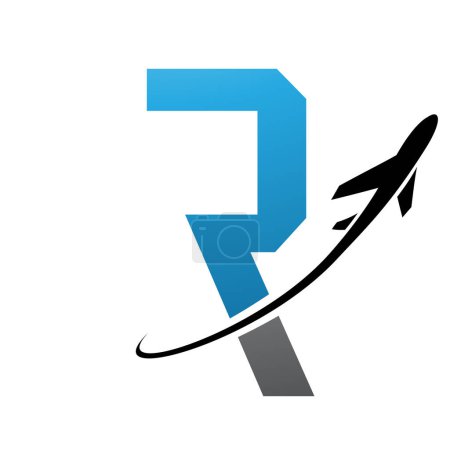 Illustration for Blue and Black Futuristic Letter R Icon with an Airplane on a White Background - Royalty Free Image
