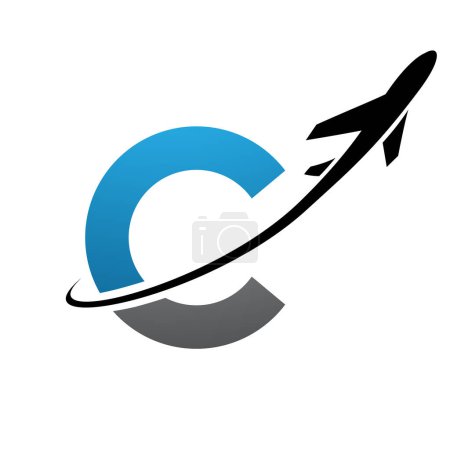 Illustration for Blue and Black Lowercase Letter C Icon with an Airplane on a White Background - Royalty Free Image