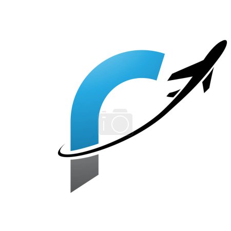 Illustration for Blue and Black Lowercase Letter R Icon with an Airplane on a White Background - Royalty Free Image
