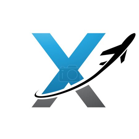 Illustration for Blue and Black Lowercase Letter X Icon with an Airplane on a White Background - Royalty Free Image