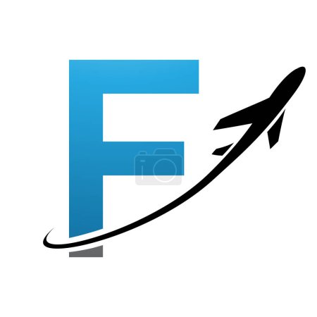 Illustration for Blue and Black Uppercase Letter F Icon with an Airplane on a White Background - Royalty Free Image