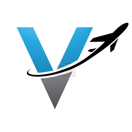Ilustración de Letra V en mayúscula azul y negra con un avión sobre fondo blanco - Imagen libre de derechos