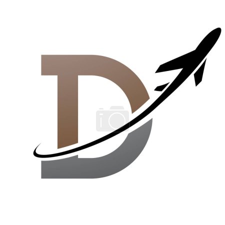 Illustration for Brown and Black Antique Letter D Icon with an Airplane on a White Background - Royalty Free Image