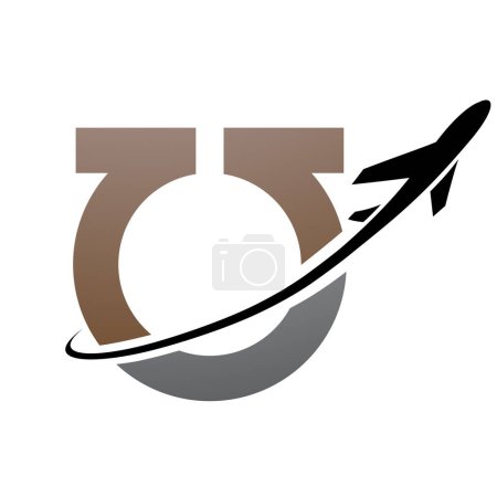 Illustration for Brown and Black Antique Letter U Icon with an Airplane on a White Background - Royalty Free Image
